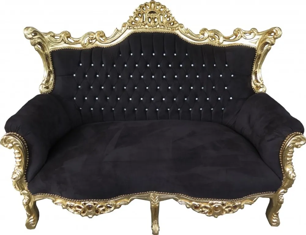 Preisknaller Casa Padrino Barock 2-er Sofa Master Schwarz / Gold mit Bling Bling Glitzersteinen - Antik Stil Möbel