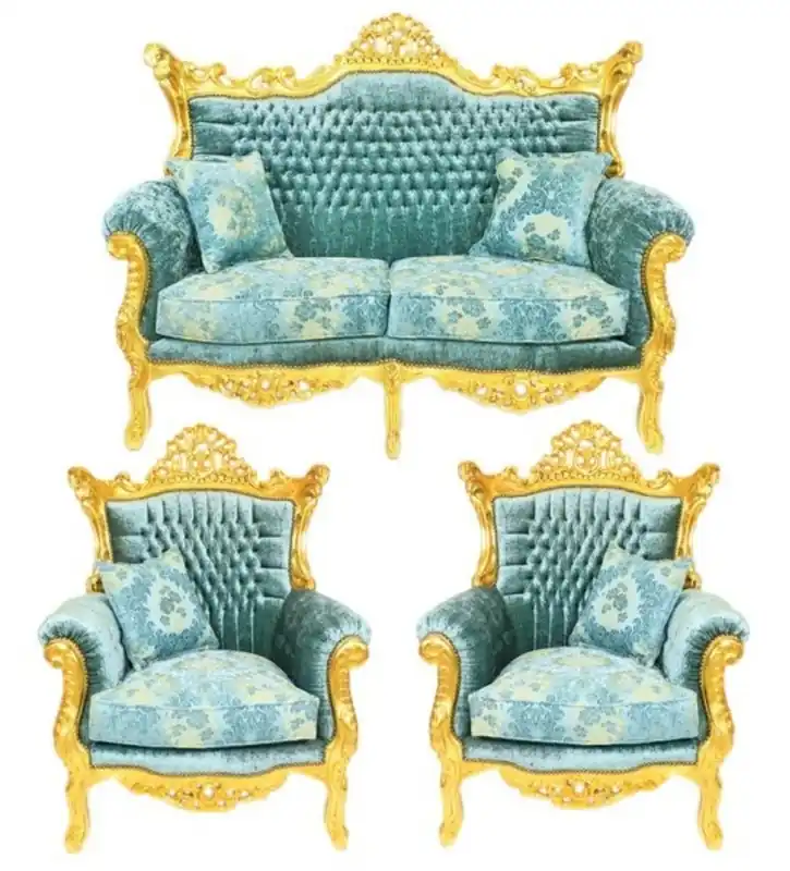 Casa Padrino Barock Wohnzimmer Set Master Türkis-Blau Muster Samtstoff / Gold - 2er Sofa + 2 Sessel - Limited Edition! Schnäppchen
