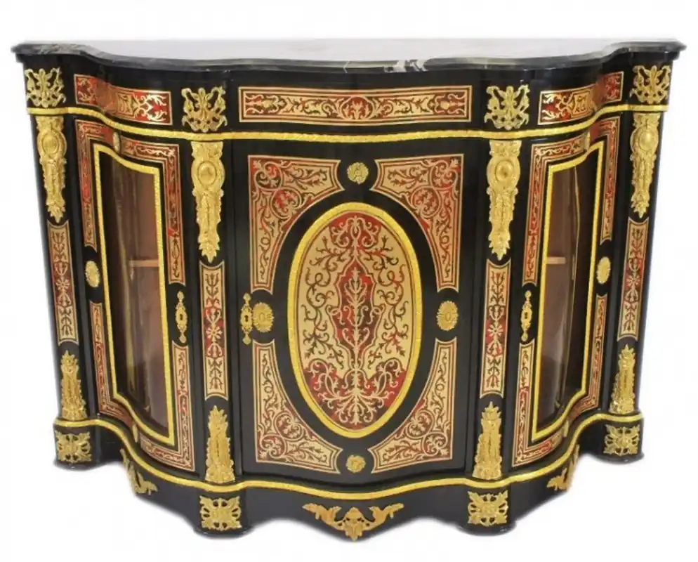 Casa Padrino Barock Boulle Kommode Schwarz / Gold / Rot mit Marmorplatte 161 cm - Möbel Schrank Sideboard Saisonangebot