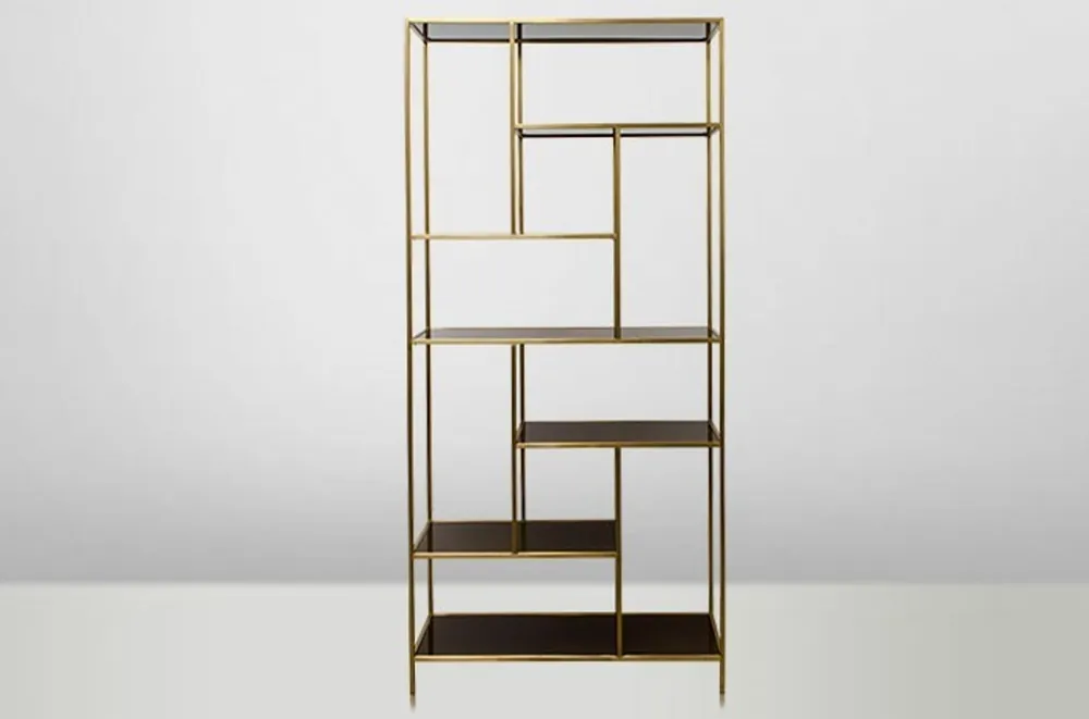 Casa Padrino Art Deco Luxus Regal Schrank Edelstahl Gold mit getönten Glasböden H210 x 98 x 35 cm - Bücherregal Regal Schrank - Jugendstil Möbel Bestseller