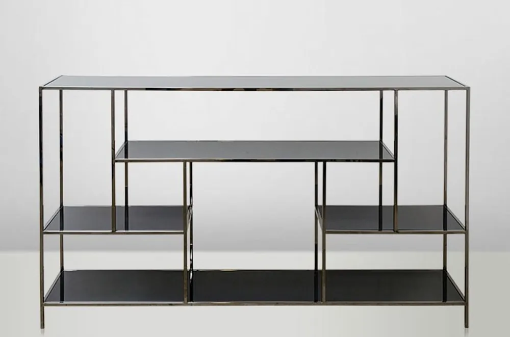 Casa Padrino Art Deco Luxus Regal Schrank Edelstahl mit getönten Glasböden H108 x 190 x 40 cm - Bücherregal Regal Schrank - Jugendstil Möbel Geprüft