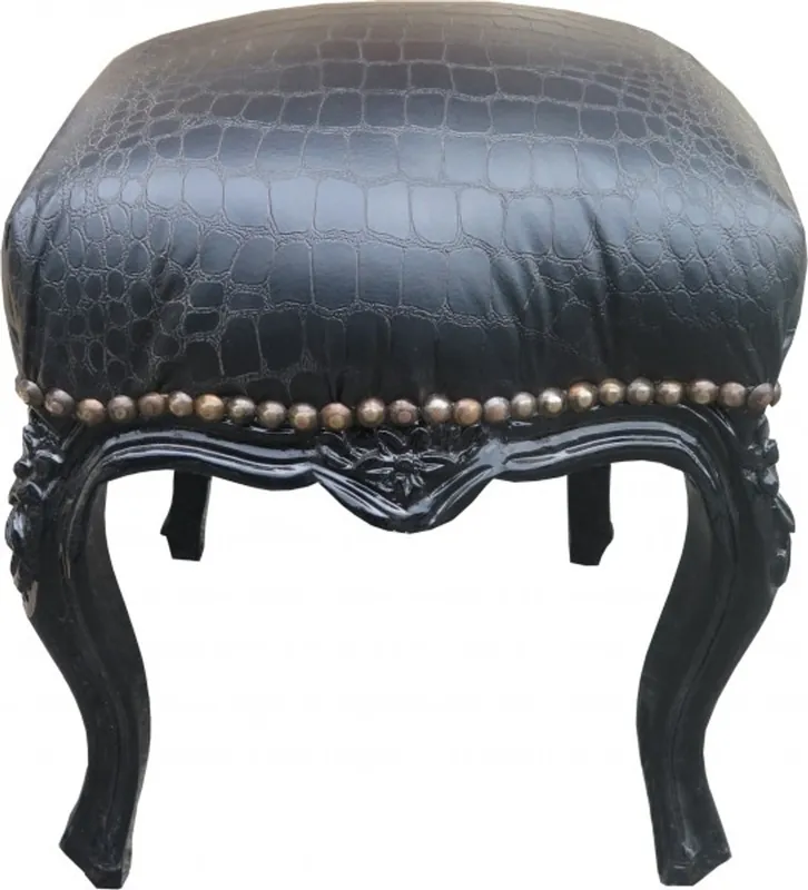 Casa Padrino Barock Sitzhocker Schwarz/Schwarz Croco Lederoptik Höhe 40 cm, Breite 35 cm - Barock Möbel Sale