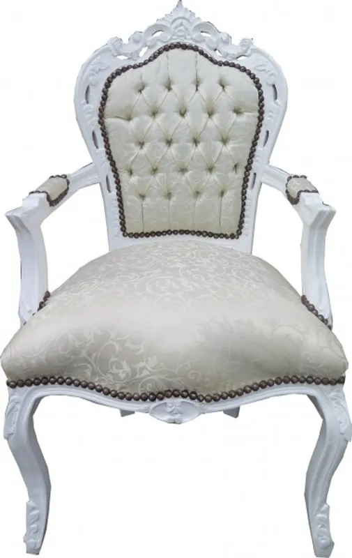 Preis Gesenkt Casa Padrino Barock Esszimmer Stuhl mit Armlehnen Weiss Muster / Weiß - Antik Möbel - Limited Edition