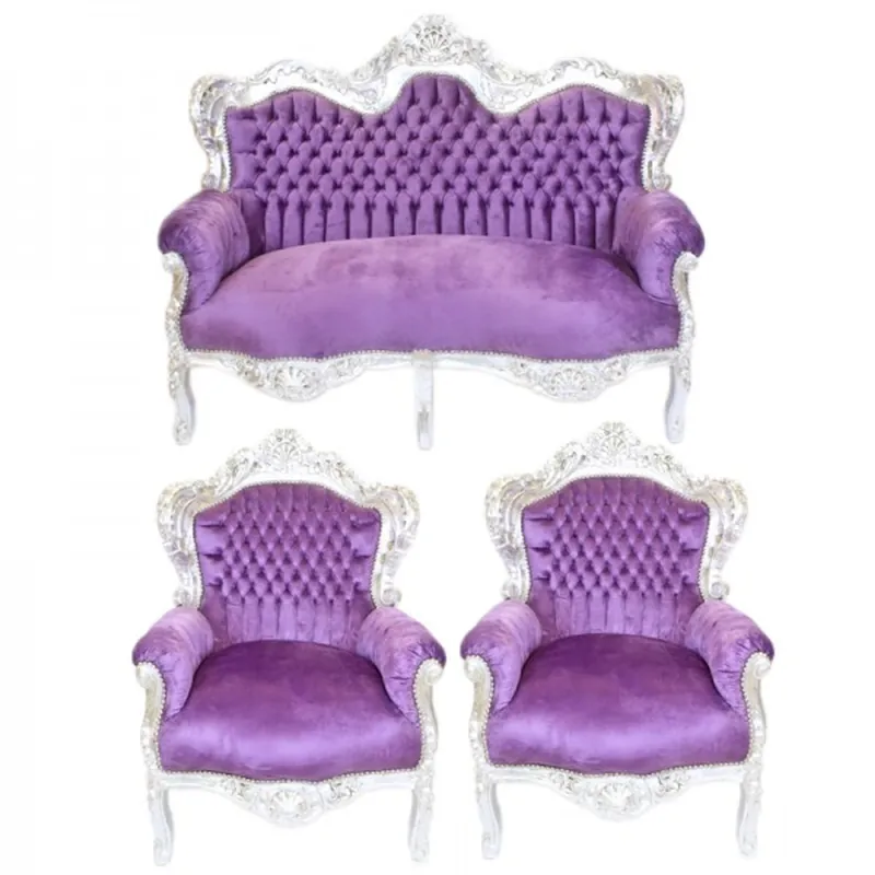 Casa Padrino Barock Wohnzimmer Set King Lila / Silber - 2er Sofa + 2 Sessel Schneller Versand