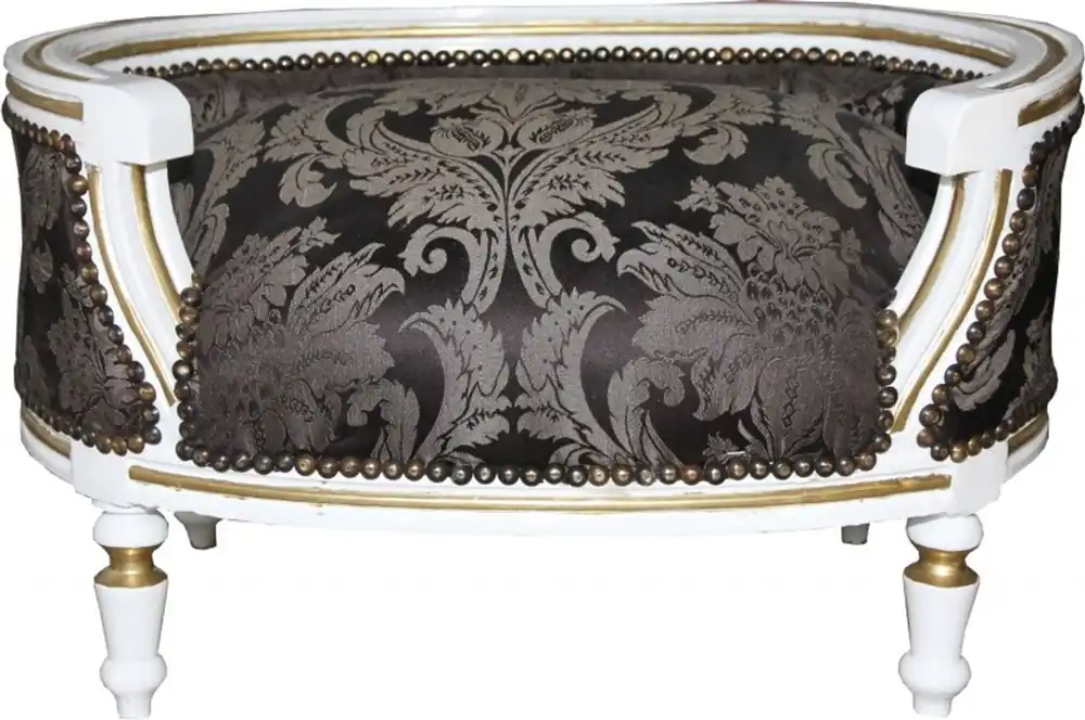 Preisreduziert Casa Padrino Barock Hunde & Katzen Sofa Schwarz Barock Muster / Weiss/Gold - Hundesessel Sitz Hundebett Katzenbett Hund Katze Möbel