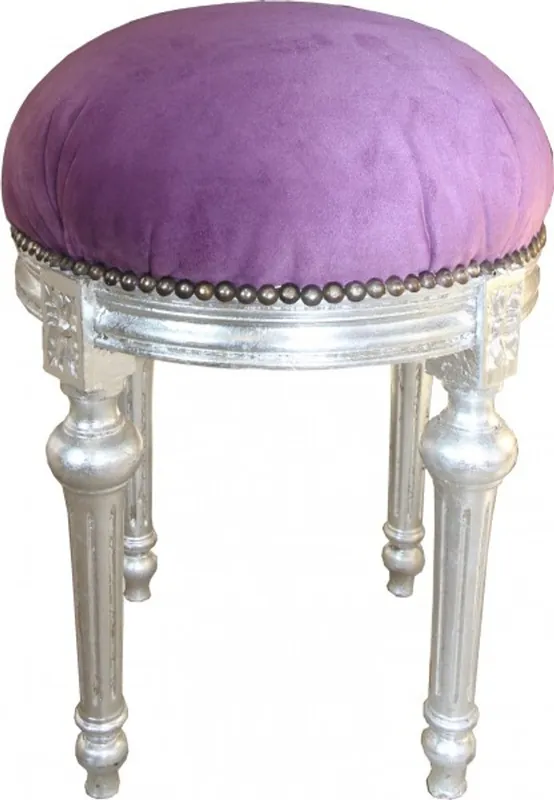 Casa Padrino Barock Sitzhocker - Rundhocker Lila / Silber - Barock Hocker Möbel Neu