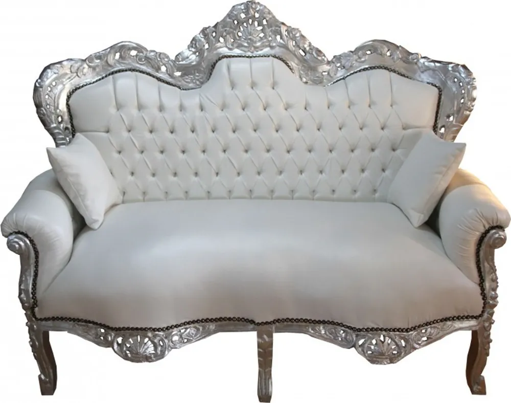 Schneller Versand Casa Padrino Barock 2-er Sofa King Weiß Lederoptik / Silber - Wohnzimmer Couch Möbel Lounge