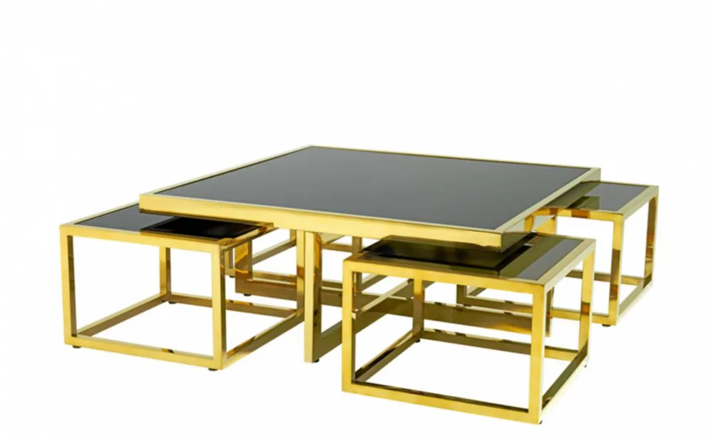 Casa Padrino Luxus Art Deco Designer Couchtisch 5er Set Gold mit schwarzem Glas - Wohnzimmer Salon Tisch - Luxus Qualität Schnäppchen