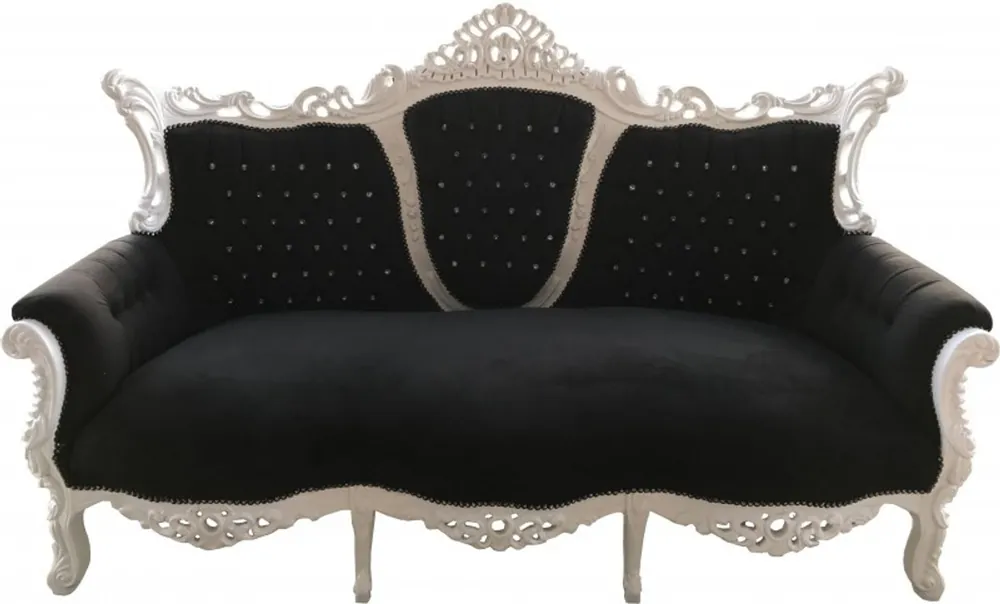 Nur Heute Casa Padrino Barock 3-er Sofa Master Schwarz / Weiß mit Bling Bling Glitzersteinen - Wohnzimmer Möbel Couch Lounge - Limited Edition