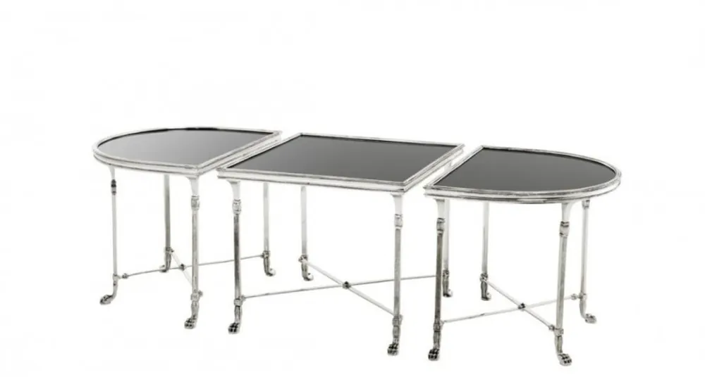 Casa Padrino Luxus Art Deco Designer Beistelltisch 3er Set Antik Silber mit schwarzem Glas - Hotel Tisch Möbel Direktkauf