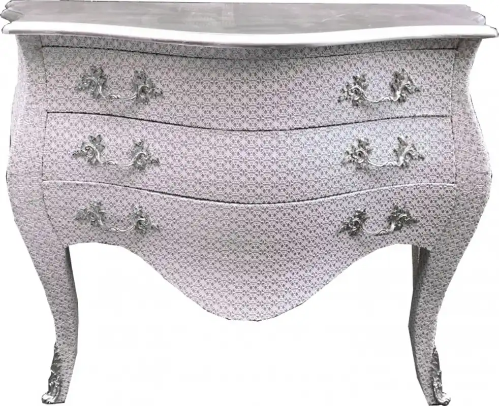 Casa Padrino Barock Kommode Weiß / Glitzerlook 120 cm mit silberner Oberplatte - Barock Antik Stil Möbel Zertifiziert