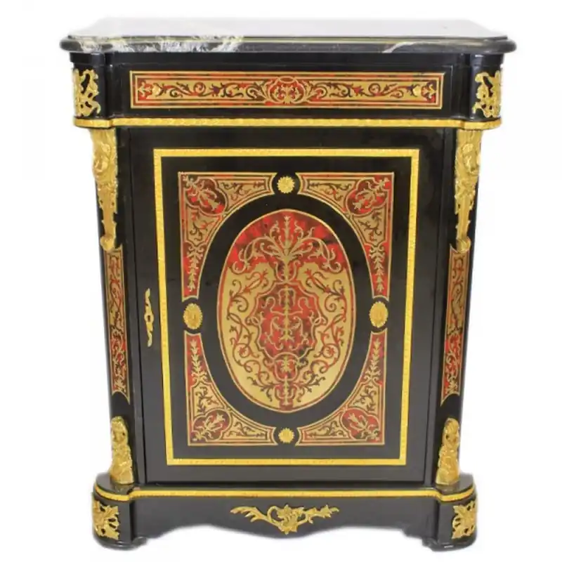Kracherpreis Casa Padrino Barock Boulle Kommode Schwarz / Gold / Rot mit Marmorplatte 95 x H105 cm - Möbel Schrank Sideboard