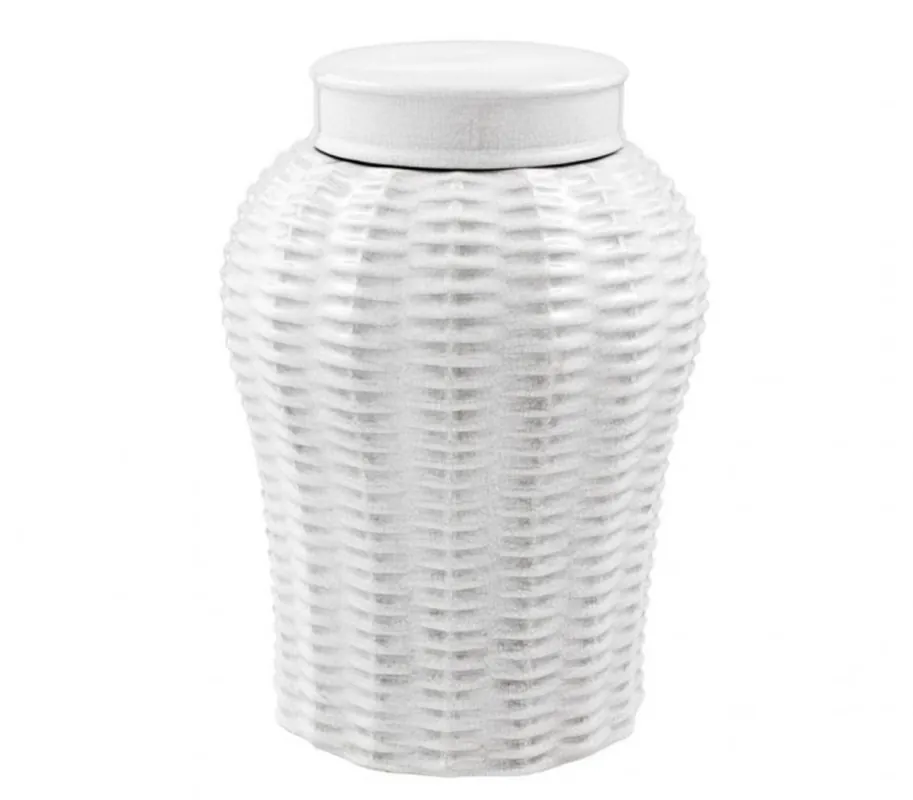 Neuheit Casa Padrino Designer Keramik Vase mit Deckel Weiß Durchmesser 26 x H. 36,5 cm - Luxus Vase