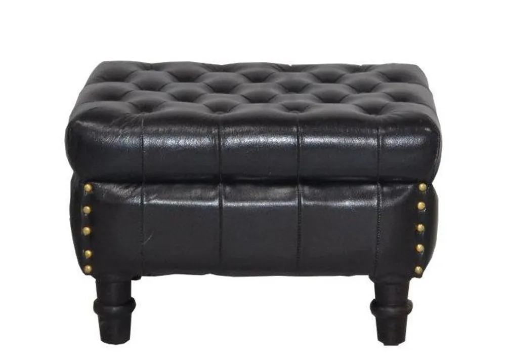 Casa Padrino Echtleder Hocker Schwarz 50 x 40 x H. 35 cm - Luxus Chesterfield Fußhocker Vintage Design Neu