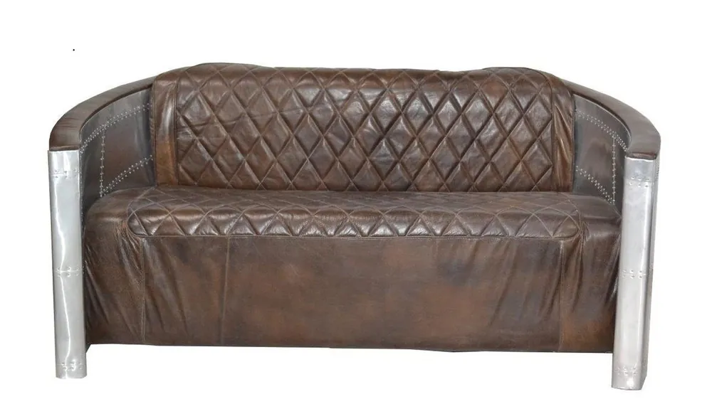 Neuheit Casa Padrino Luxus Aluminium 3-Sitz Sofa Dunkelbraun - Art Deco Vintage Flieger Möbel
