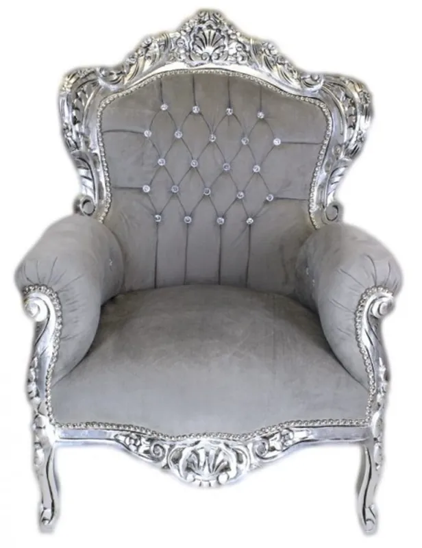 Casa Padrino Barock Sessel King Grau / Silber m. Bling Bling Glitzersteinen Sonderaktion