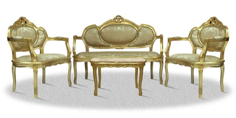 Casa Padrino Barock Salon Set mit Sitzbank 2 Stühle und Tisch - Hotel Möbel Antik Stil Markenprodukt
