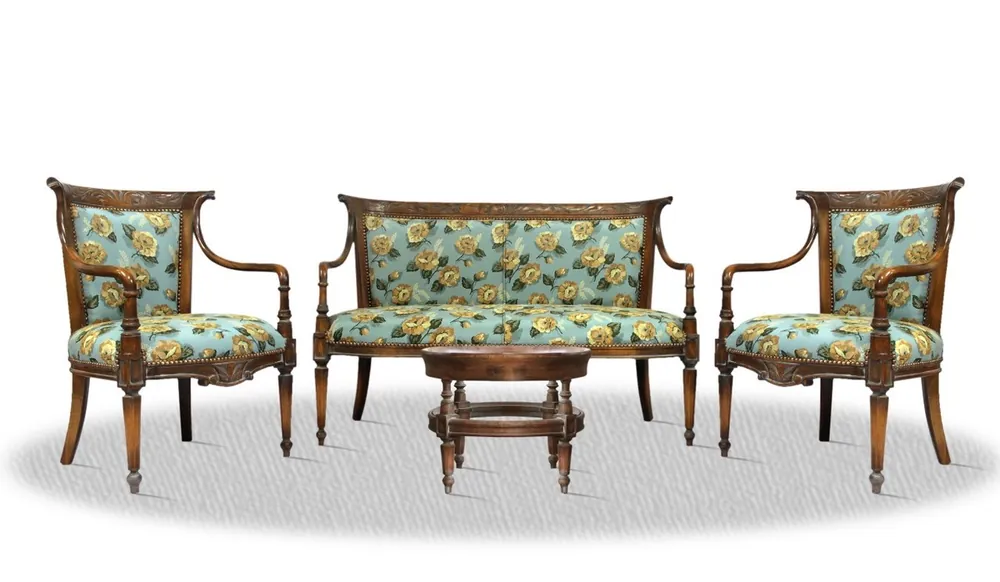 Ausverkauf Casa Padrino Salon Set antik braun blau mit Blumenmuster - Luxus Kollektion