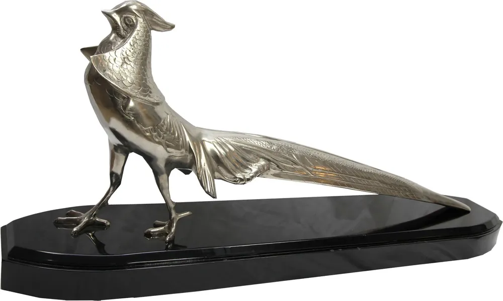 Direktkauf Casa Padrino Luxus Fasan Skulptur Bronze vernickelt auf Holzsockel - Figur Vogel - Edel & Prunkvoll