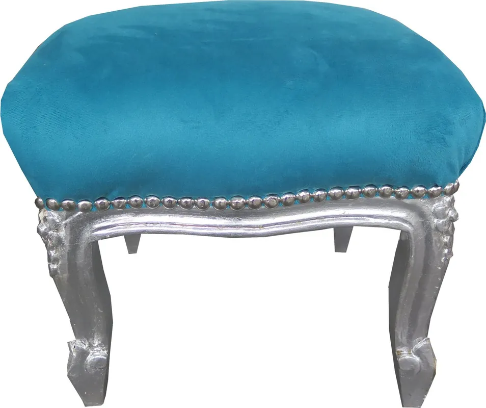 Casa Padrino Barock Fußhocker Blau / Silber - Antik Stil Möbel - Hocker Sonderaktion