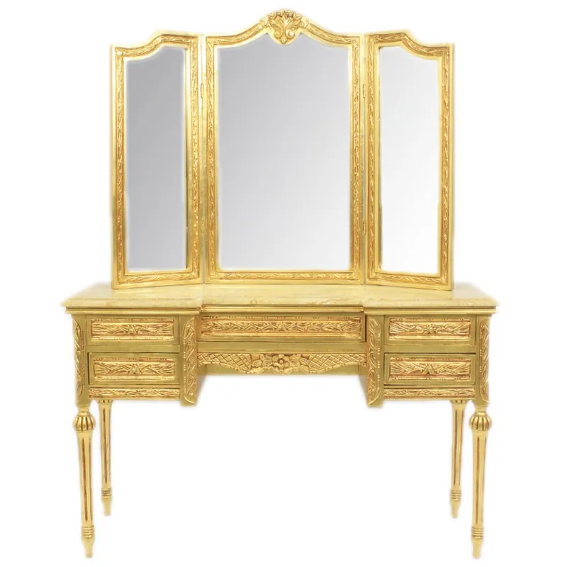 Zertifiziert Casa Padrino Barock Schmink Konsole mit Spiegel Gold 120 x 40 x H155 cm - Schlafzimmer Spiegelkonsole mit Schubladen