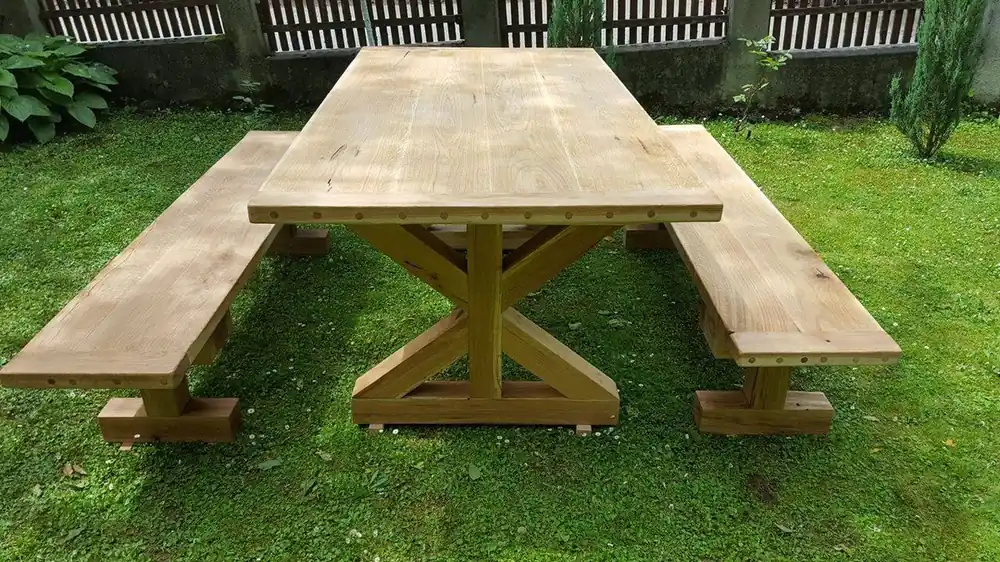 Markenware Casa Padrino Gartenmöbel Set Rustikal - Tisch + 2 Garten Bänke (Länge: 200 cm) - Eiche Massivholz