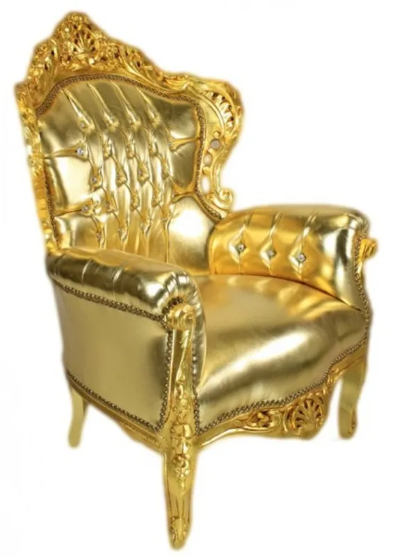 Markenware Casa Padrino Sessel King Gold Lederoptik mit Bling Bling Glitzersteinen - Luxus Barock Möbel