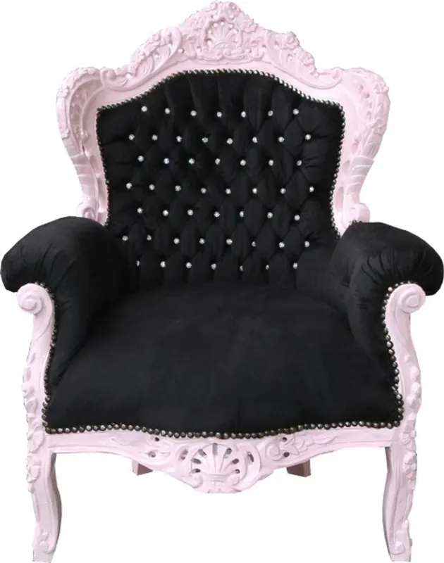 Casa Padrino Barock Sessel King Schwarz / Rosa mit Glitzersteinen - Barock Wohnzimmermöbel Abverkauf