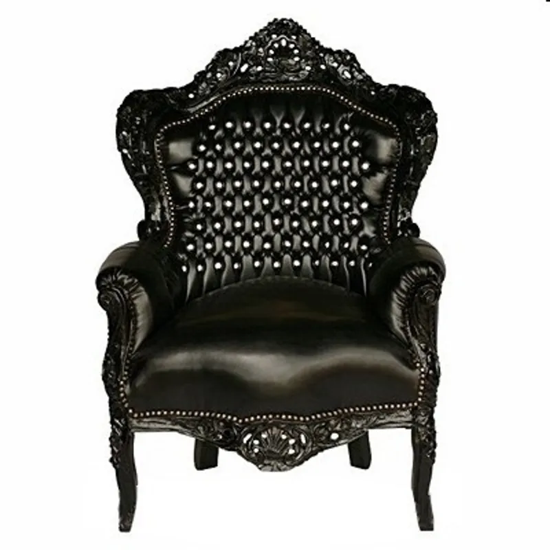 Casa Padrino Barock Sessel King Schwarz / Schwarz Lederoptik mit Glitzersteinen - Luxus Barock Sessel Neuheit