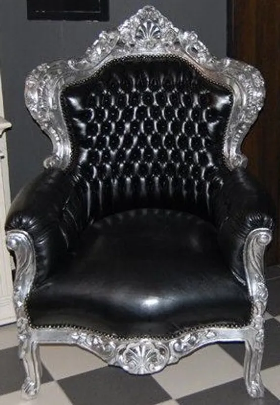 Casa Padrino Barock Sessel King Schwarz / Silber Lederoptik 85 x 85 x H. 120 cm - Möbel im Antik Stil Neue Ware