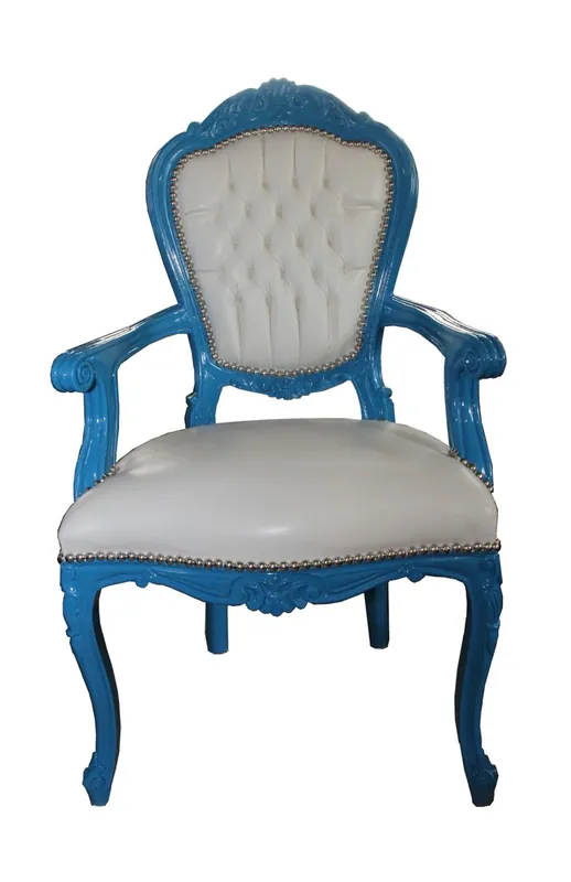 Barock Esszimmerstuhl Blau / Weiß Lederoptik mit Armlehnen Neu Im Sortiment