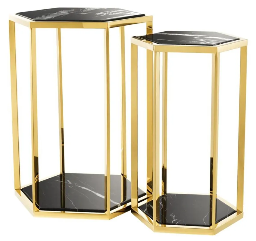 Casa Padrino Luxus Beistelltisch 2er Set in gold mit schwarzem Marmor - Luxus Qualität Online Kaufen