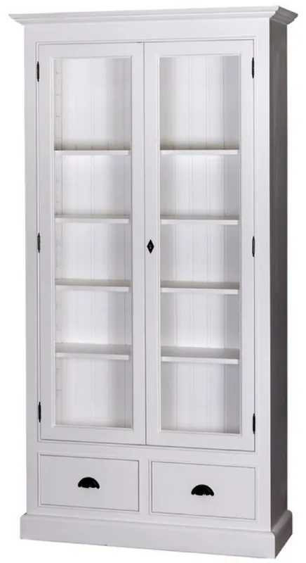 Casa Padrino Landhausstil Wohnzimmer Vitrinenschrank Weiß 109 x 39 x H. 210 cm - Wohnzimmerschrank mit 2 Glastüren und 2 Schubladen Solange Der Vorrat Reicht