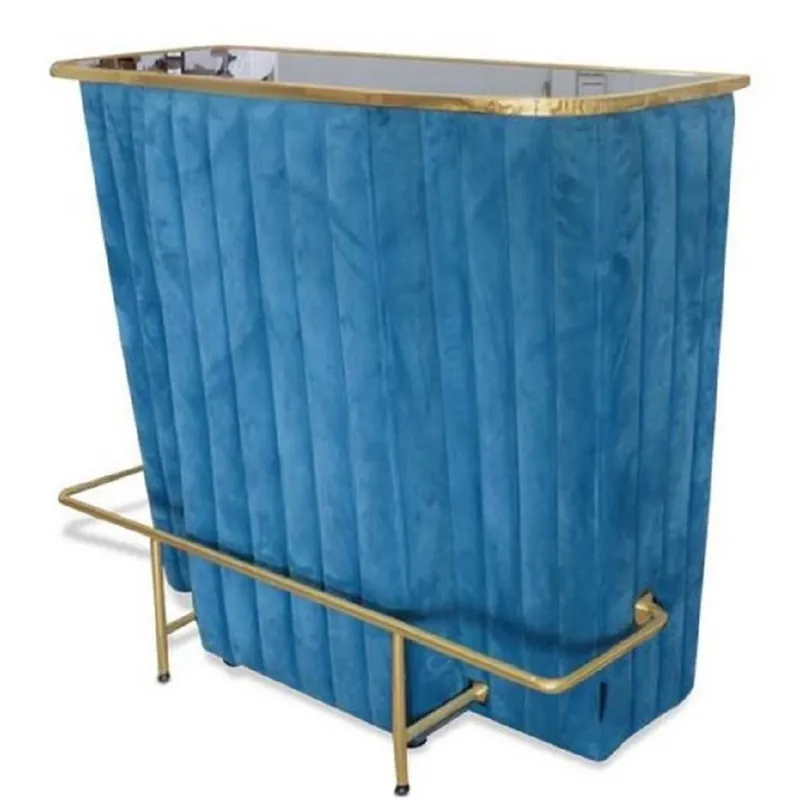 Markenprodukt Casa Padrino Luxus Bartresen Blau / Gold 120 x 48 x H. 105 cm - Theke mit Glassplatte und Fußablage - Barschrank - Barmöbel - Luxus Qualität