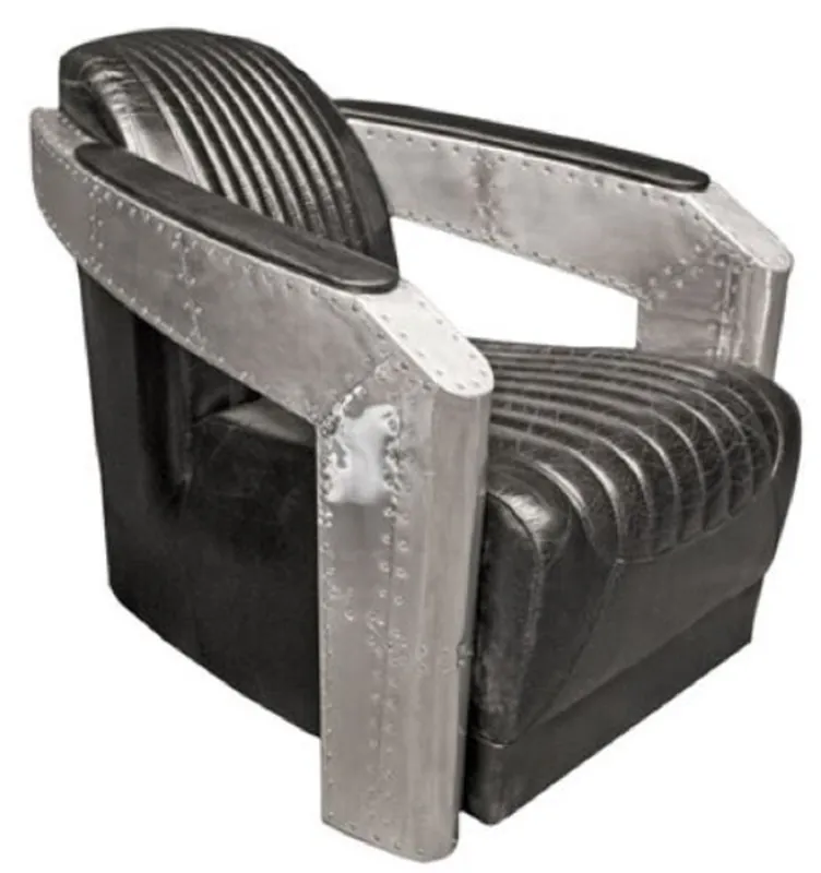 Ausverkauf Casa Padrino Art Deco Aluminium Echtleder Sessel Schwarz / Silber 74,5 x 94 x H. 78 cm - Flugzeug Flieger Möbel - Club Sessel - Lounge Sessel