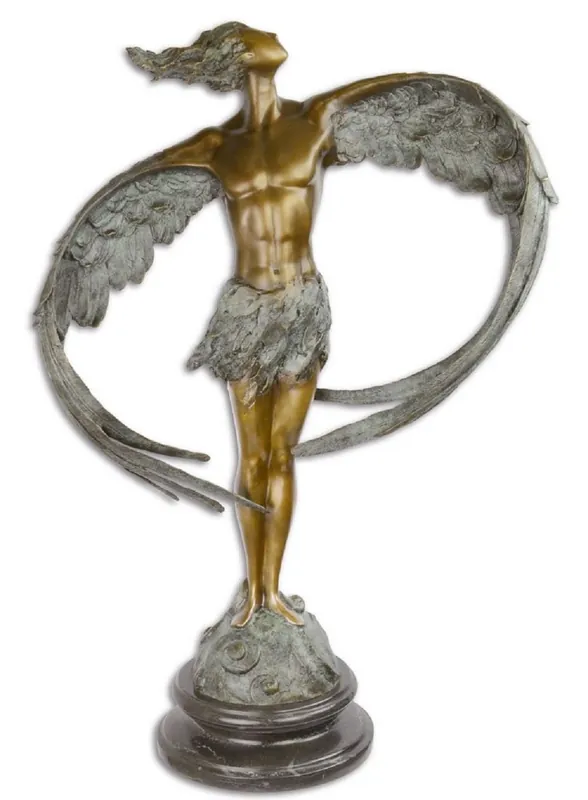Casa Padrino Luxus Bronze Skulptur Mann mit Flügeln Bronze / Grau / Schwarz 52 x 24,1 x H. 77,6 cm - Bronzefigur mit Marmor Sockel Jetzt Kaufen