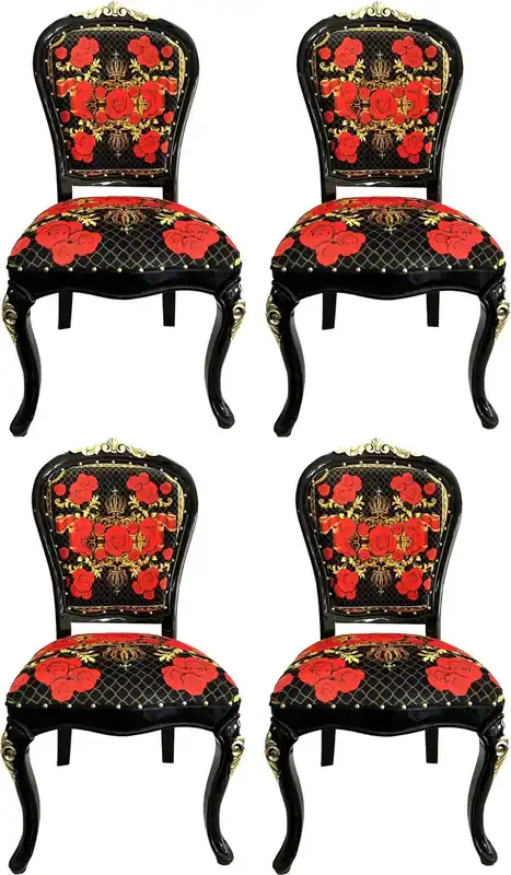 Pompöös by Casa Padrino Luxus Barock Esszimmerstühle Roses Schwarz / Rot / Gold - Esszimmer Set - 4 Pompööse Barock Stühle designed by Harald Glööckler Jetzt Bestellen