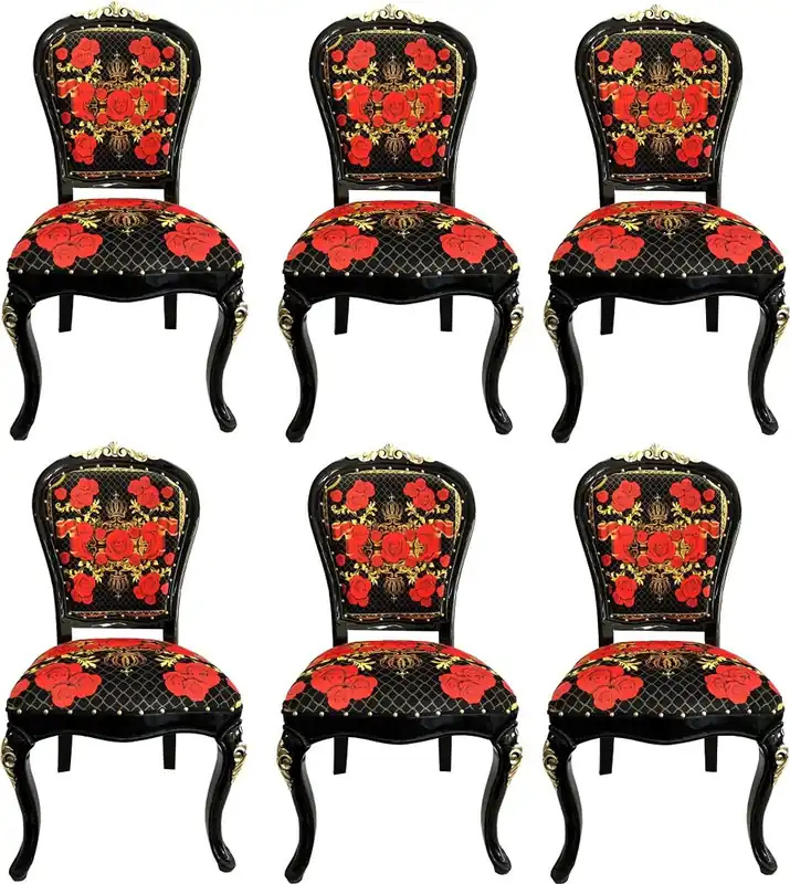 Pompöös by Casa Padrino Luxus Barock Esszimmerstühle Roses Schwarz / Rot / Gold - Esszimmer Set - 6 Pompööse Barock Stühle designed by Harald Glööckler Online Kaufen