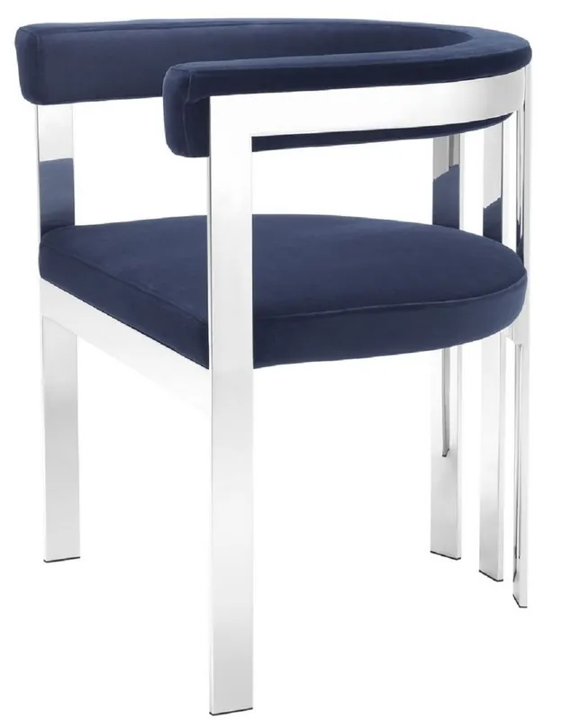 Casa Padrino Luxus Esszimmerstuhl mit Armlehnen Mitternachtsblau / Silber 61 x 56 x H. 73 cm - Edelstahl Küchenstuhl mit edlem Samtstoff - Luxus Küchenmöbel Online Kaufen