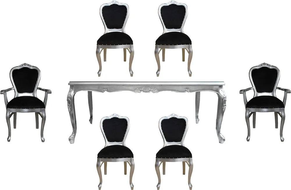 Billig Casa Padrino Luxus Barock Esszimmer Set Schwarz / Silber - 1 Esstisch mit Glasplatte und 6 Stühle - Barock Esszimmermöbel - Made in Italy - Luxury Collection