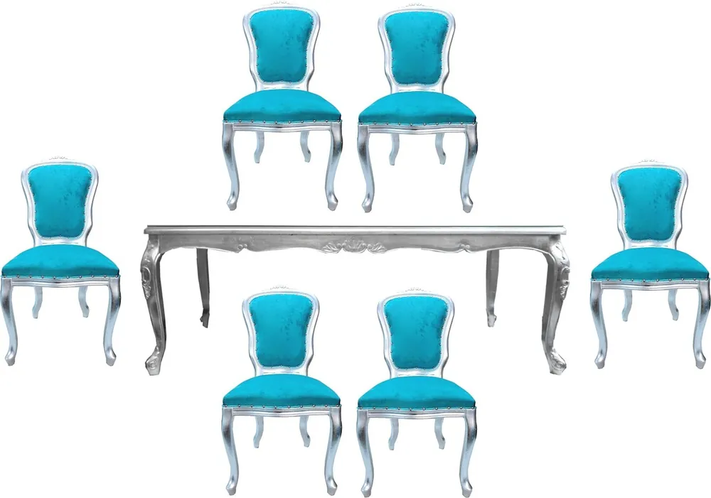 Sonderangebot Casa Padrino Luxus Barock Esszimmer Set Türkis / Silber - 1 Esstisch mit Glasplatte und 6 Esszimmerstühle - Made in Italy - Luxury Collection