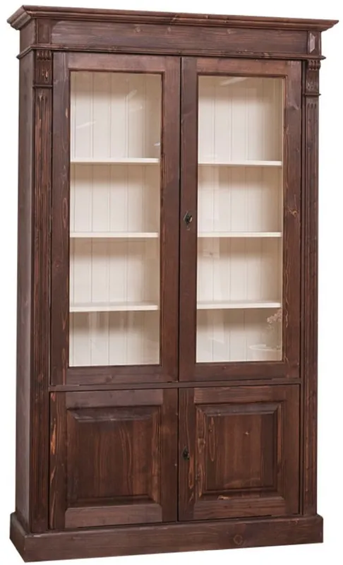 Casa Padrino Landhausstil Bücherschrank Dunkelbraun / Creme 119 x 39 x H. 197 cm - Wohnzimmerschrank mit 4 Türen - Massivholz Schrank - Vitrinenschrank - Landhausstil Wohnzimmermöbel Kracherpreis