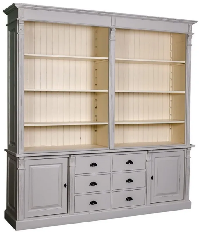 Sonderangebot Casa Padrino Landhausstil Bücherschrank Antik Grau / Creme 223 x 51 x H. 240 cm - Wohnzimmerschrank mit 2 Türen und 6 Schubladen - Massivholz Schrank - Landhausstil Möbel