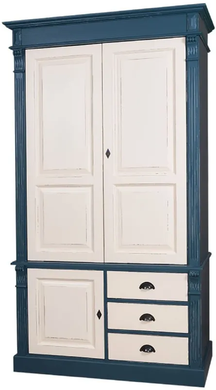 Casa Padrino Landhausstil Kleiderschrank Antik Blau / Antik Cremefarben 120 x 59 x H. 210 cm - Massivholz Schlafzimmerschrank mit 3 Türen und 3 Schubladen - Landhausstil Schlafzimmermöbel Solange Der Vorrat Reicht