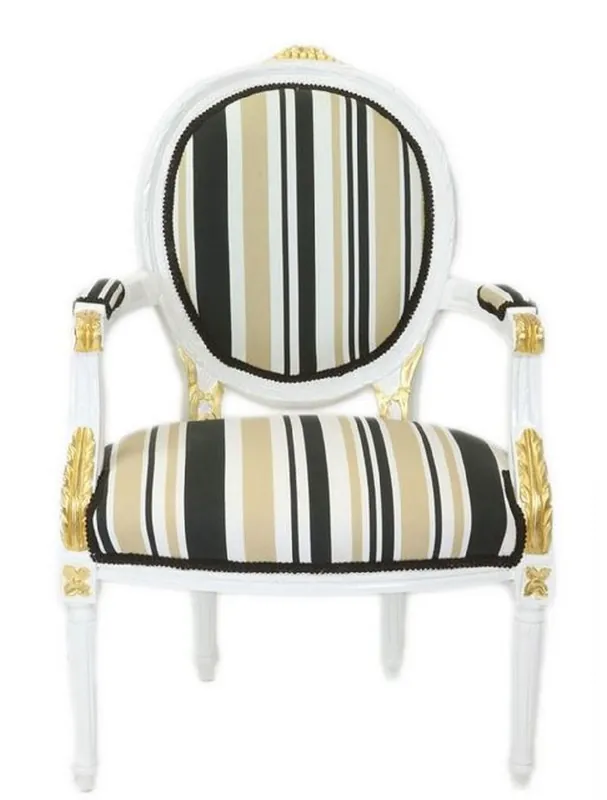 Casa Padrino Barock Salon Stuhl Weiß / Gold / Mehrfarbig 50 x 50 x H. 105 cm - Gestreifter Barock Stuhl mit Armlehnen - Barock Möbel Direktkauf