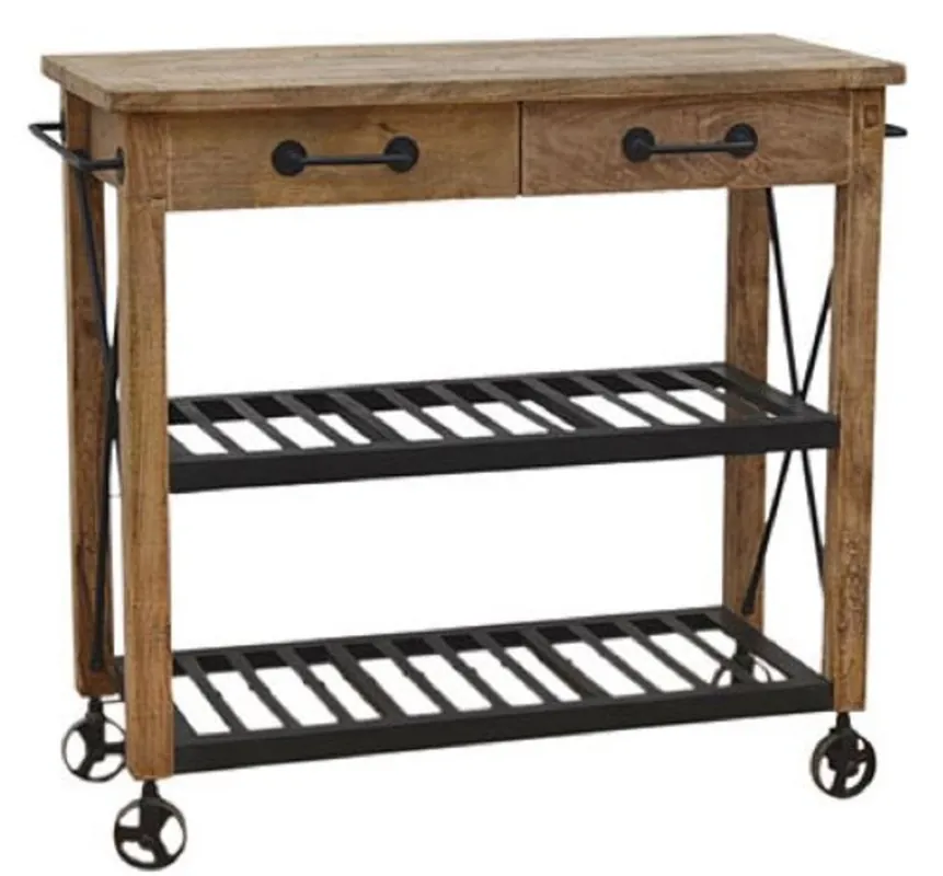 Saisonangebot Casa Padrino Landhaus Stil Bar Trolley Naturfarben / Schwarz 106 x 48 x H. 103 cm - Holz Servierwagen mit 2 Schubladen - Gastronomie Accessoires