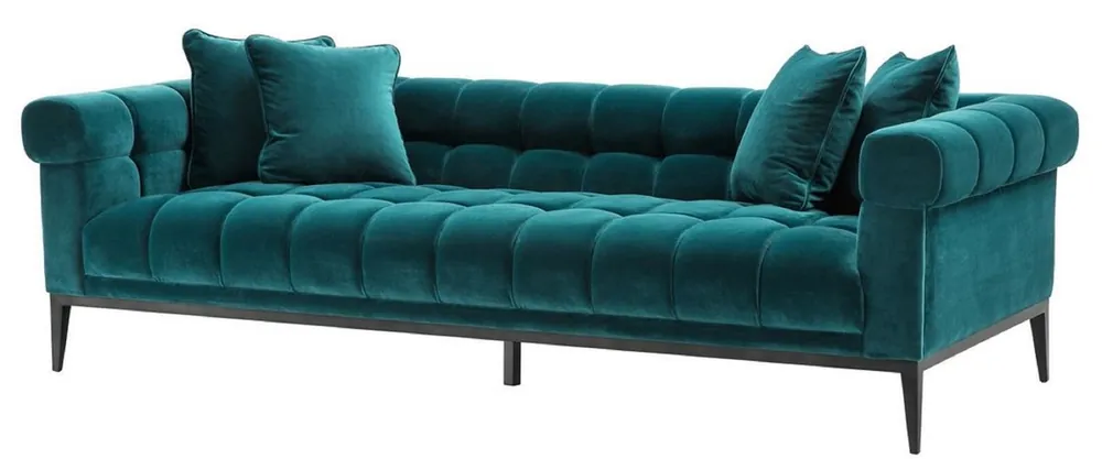 Casa Padrino Luxus Samt Sofa Meergrün / Schwarz 240 x 98 x H. 69 cm - Wohnzimmer Sofa mit 4 Kissen - Wohnzimmer Möbel - Luxus Möbel Bestseller
