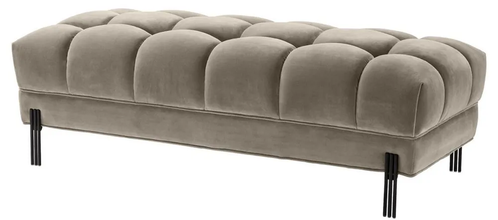 Casa Padrino Luxus Sitzbank Greige / Schwarz 133 x 59 x H. 42 cm - Gepolsterte Samt Bank mit Edelstahl Beinen - Luxus Kollektion Ausverkauf
