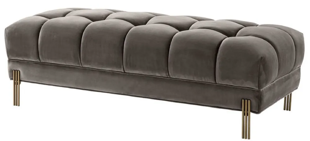 Casa Padrino Luxus Sitzbank Grau / Messingfarben 133 x 59 x H. 42 cm - Gepolsterte Samt Bank mit Edelstahl Beinen - Luxus Kollektion Bestseller