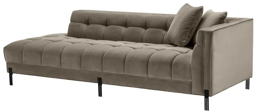 Casa Padrino Luxus Lounge Sofa Greige / Schwarz 223 x 95 x H. 68 cm - Rechtsseitiges Wohnzimmer Sofa mit edlem Samtsoff und 2 Kissen Aktuell
